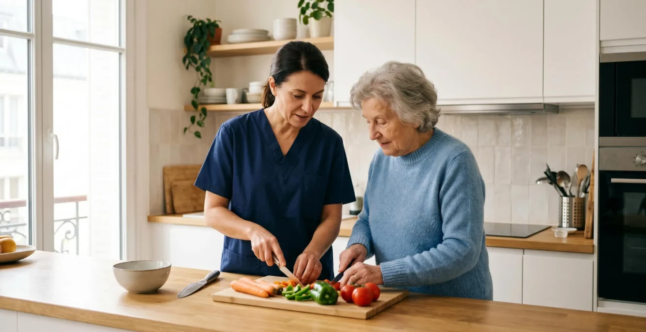 Auxiliaire de vie professionnelle aidant une personne âgée à préparer un repas dans une cuisine contemporaine française