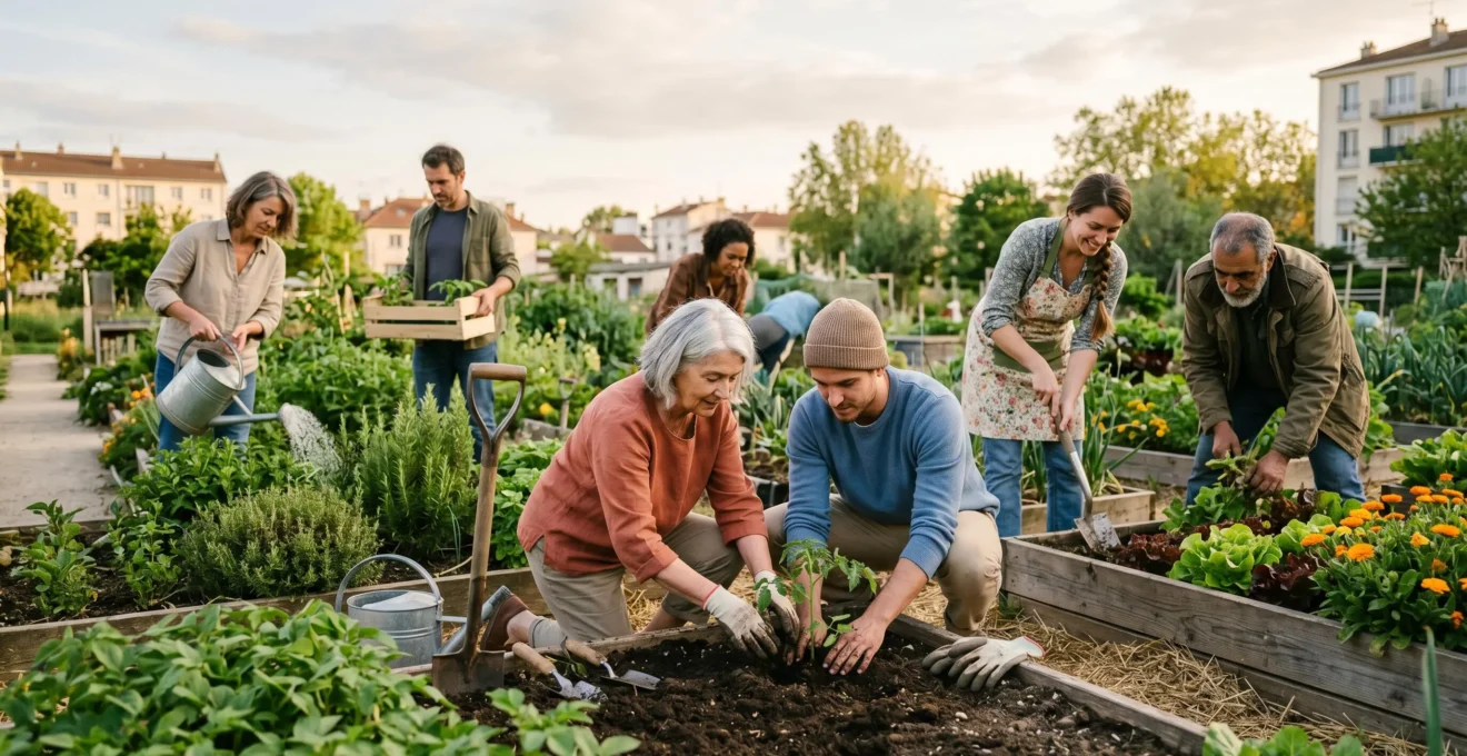 Groupe intergénérationnel plantant légumes et fleurs dans un jardin partagé urbain français, seniors et jeunes adultes collaborant naturellement