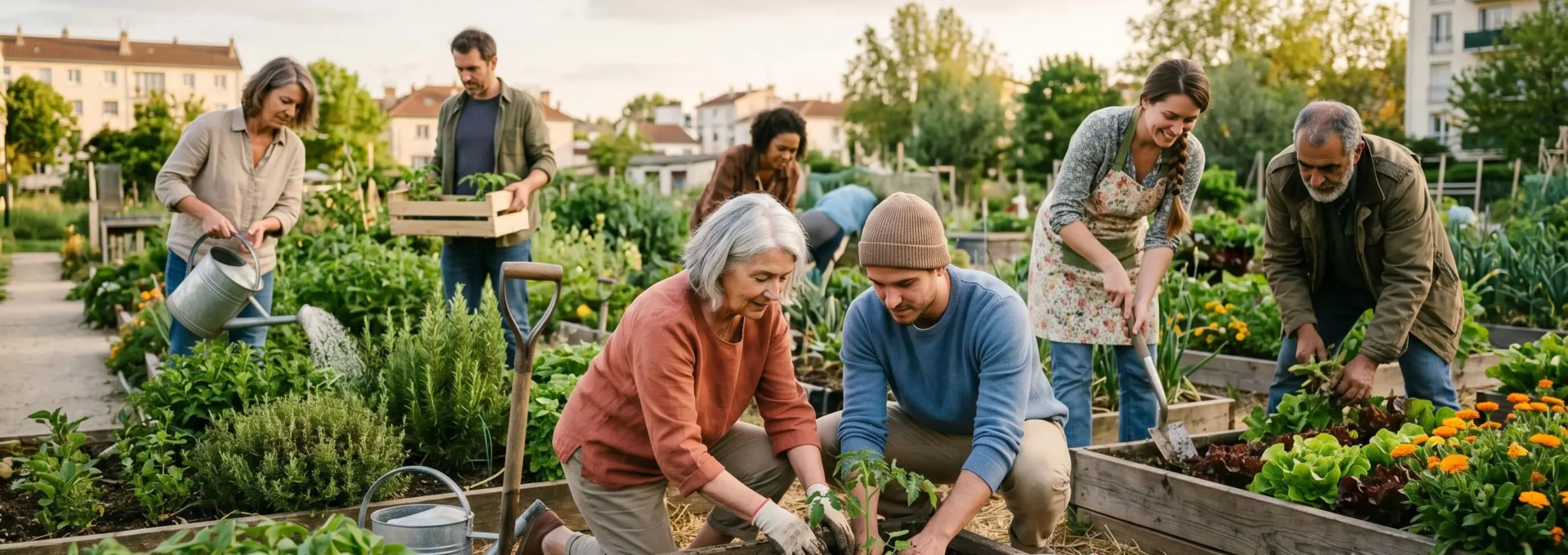 Groupe intergénérationnel plantant légumes et fleurs dans un jardin partagé urbain français, seniors et jeunes adultes collaborant naturellement
