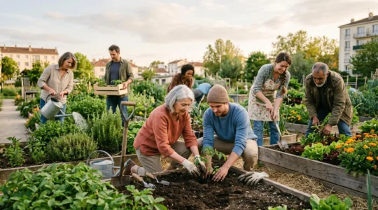 Groupe intergénérationnel plantant légumes et fleurs dans un jardin partagé urbain français, seniors et jeunes adultes collaborant naturellement