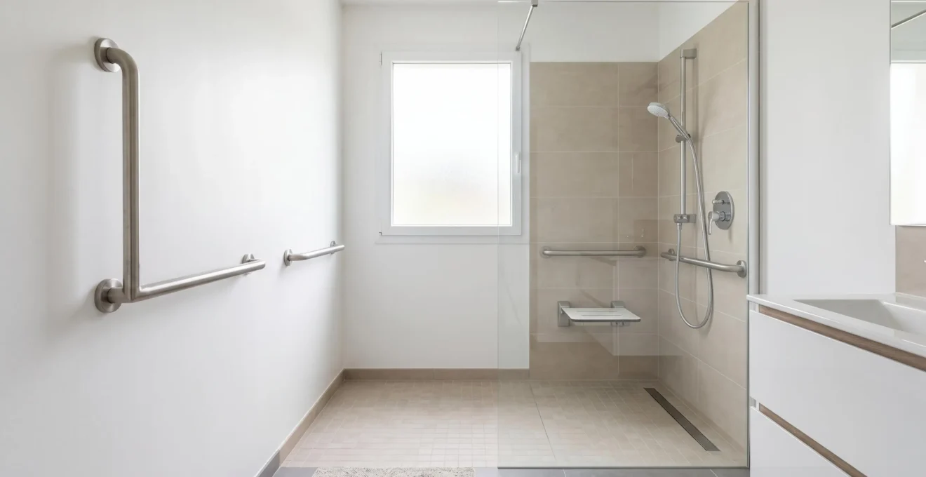 Salle de bain adaptée PMR avec douche plain-pied, barres d'appui et siège mural dans un logement français contemporain